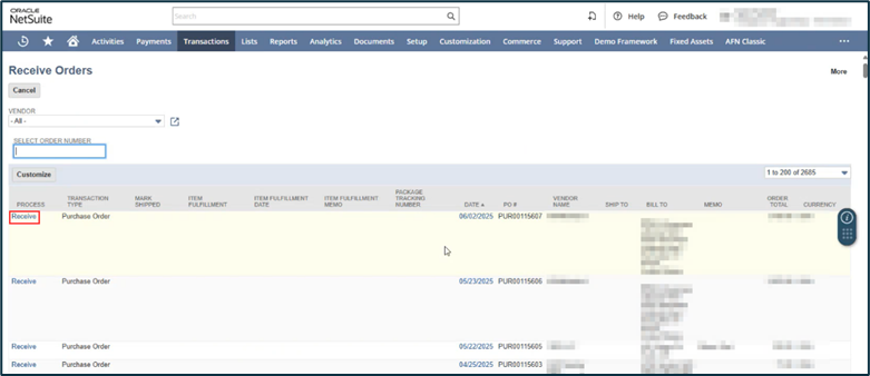 AvidXchange for NetSuite: Receive Purchase Orders