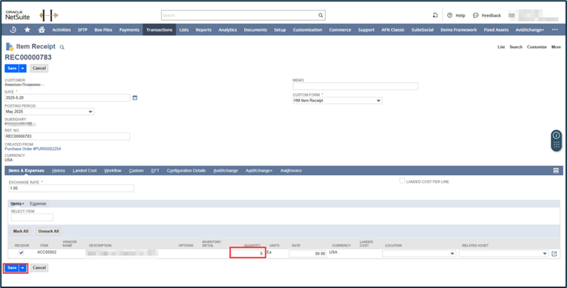 AvidXchange for NetSuite: Receive Purchase Orders